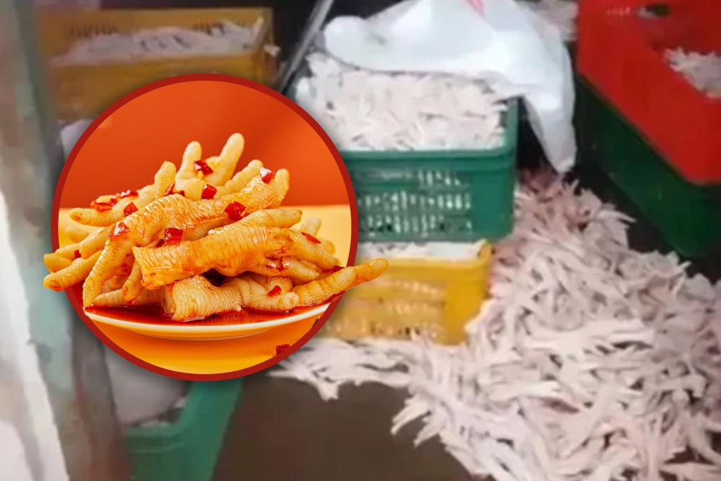 A factory in China has been exposed for soaking chicken feet in hydrogen peroxide to create spicy snacks amid previous food safety scandals that included using smelly insoles in crispy rice production.       Photo: SCMP composite/Shutterstock/CCTV