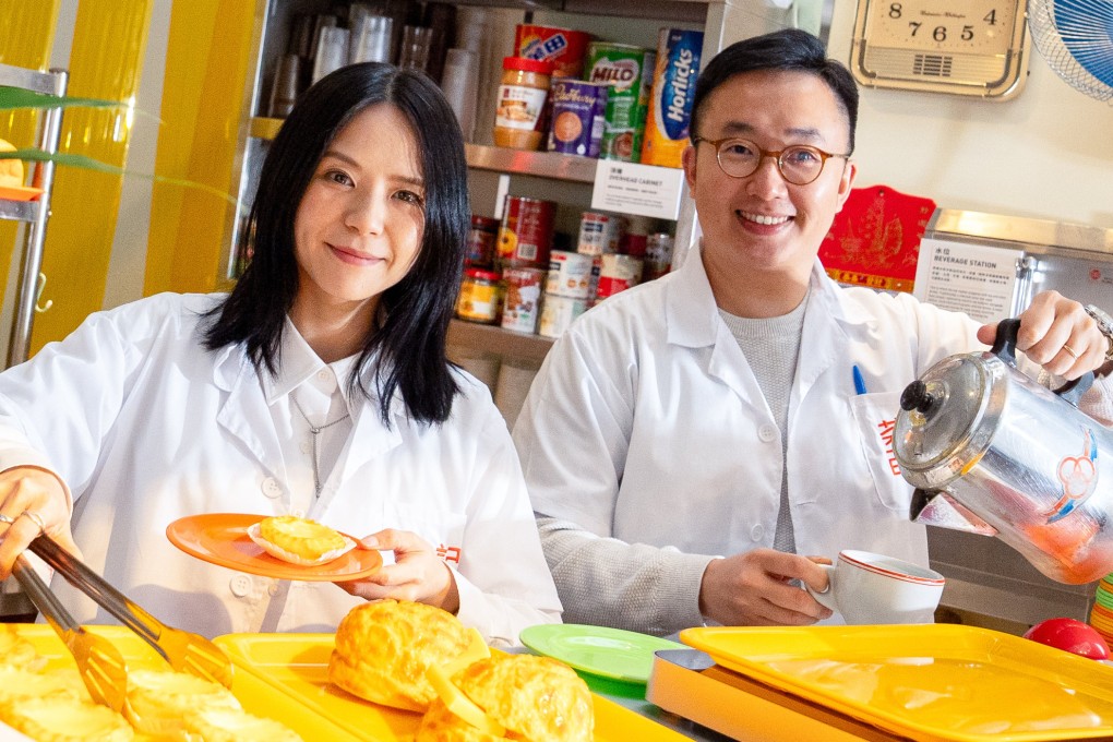 Kay Chan (left) and Charles Lai, curators of “The Cha Chaan Teng Codex — Tales of Invisible Designs”, are pictured at the exhibition at  Gate33 Gallery, in the Airside shopping centre, in Kai Tak, Hong Kong. Photo: Elson Li
