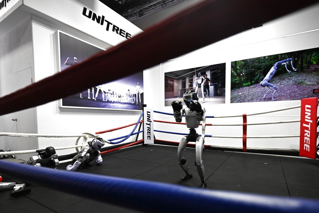 Humanoid robots by Unitree Robotics on display at the Mobile World Congress in Barcelona on March 3, 2026, where Chinese firms showcased advances in AI and mobile technology. Photo: Xinhua