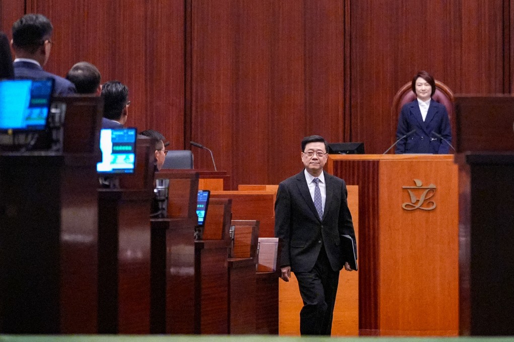 Chief Executive John Lee Ka-chiu attends the first session of the eighth Legislative Council in Admiralty on January 14, as Legco president Starry Lee Wai-king looks on. Photo: Eugene Lee