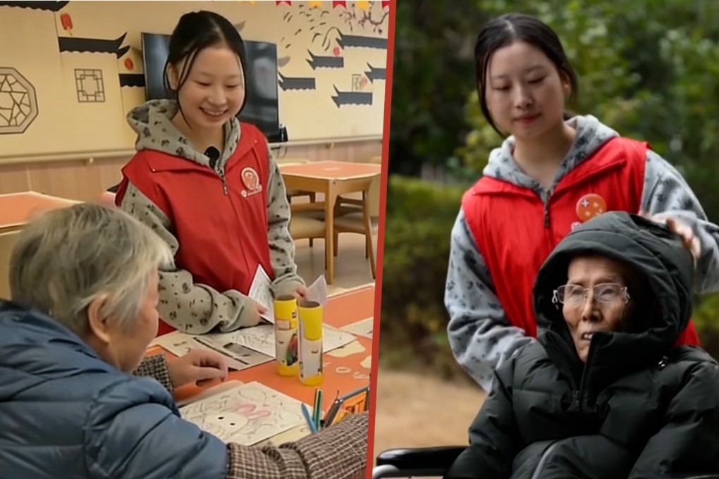 A 25-year-old woman in China has lived in a nursing home for over two years, paying just US$30 monthly rent by providing companionship to elderly fellow residents. Photo: SCMP composite/Douyin