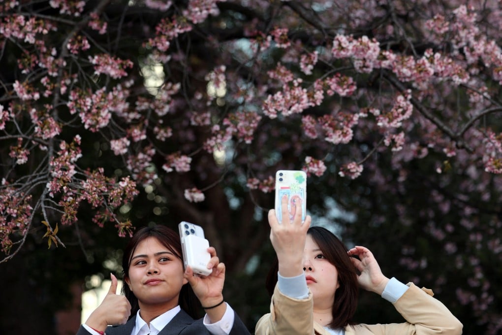 Visitors take selfies in front of the early-flowering cherry blossoms at Ueno Park in Tokyo on Tuesday. Photo: Reuters
