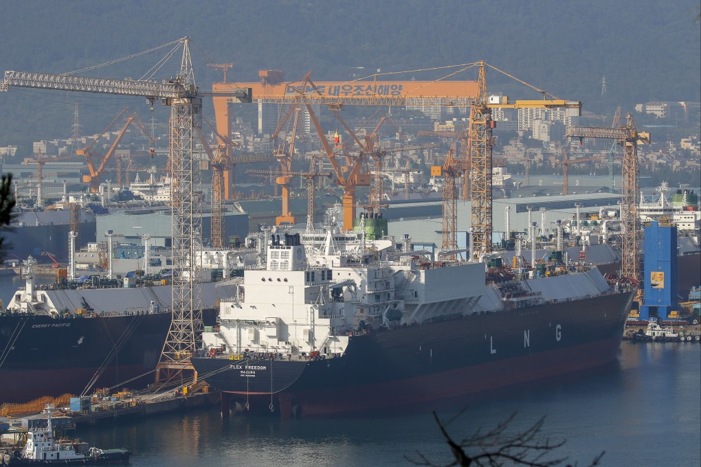 A liquefied natural gas carrier is under construction at a shipyard in Geoje, South Korea. Japan may restart domestic production of LNG carriers, aiming to break into a market dominated by South Korea and China. Photo: Getty Images