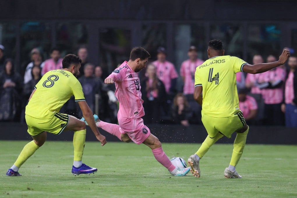 Inter Miami’s Lionel Messi (middle) scores his 1,000th goal in a Concacaf Champions Cup match against Nashville SC in Fort Lauderdale, Florida, on Wednesday. Photo: AFP