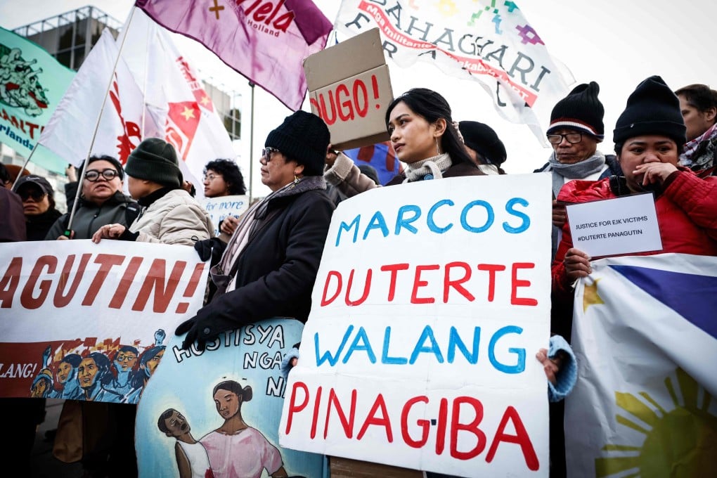 People protest in favour of the detention of former Philippines’ president Rodrigo Duterte during a rally in The Hague on February 23 outside the International Criminal Court. Duterte is facing charges of crimes against humanity. Photo: AFP