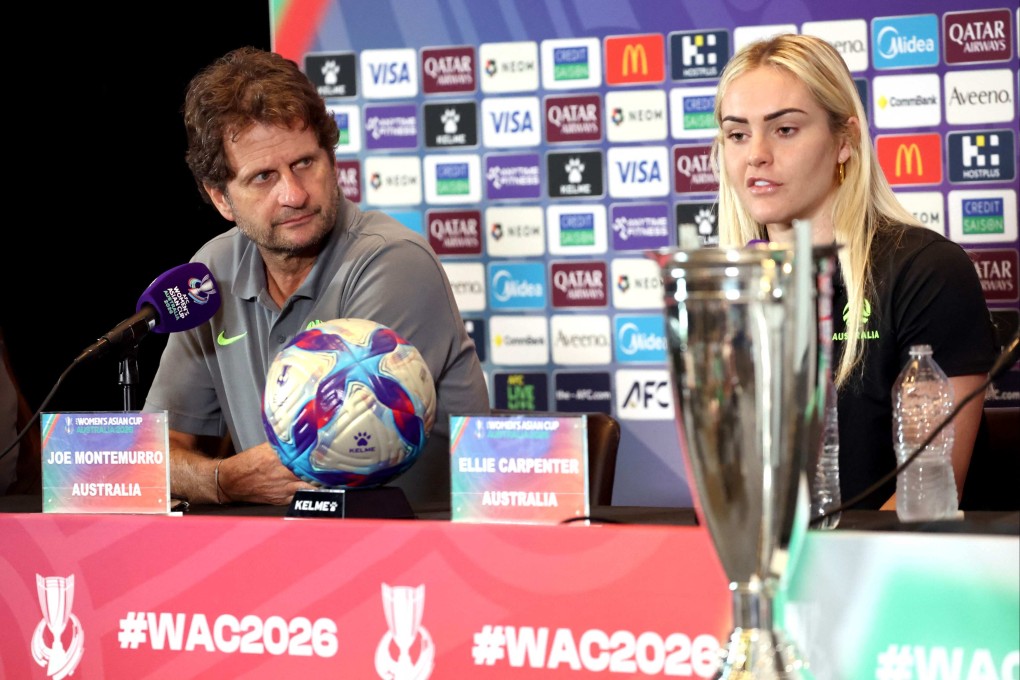 Australia’s head coach Joe Montemurro (left) and player Ellie Carpenter ahead of the 2026 Women’s Asian Cup final. Photo: AFP