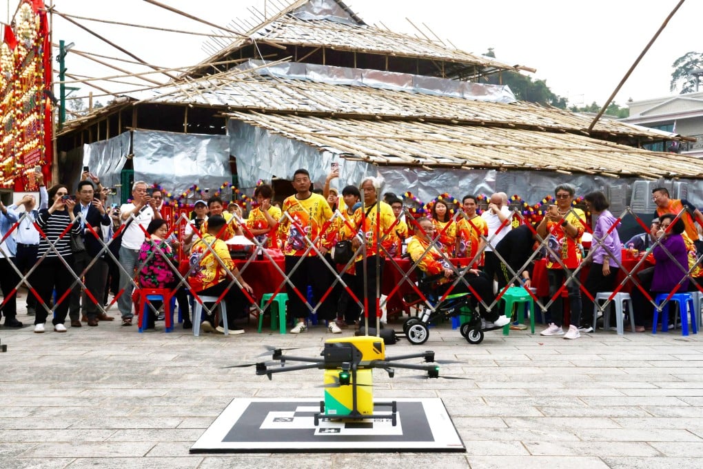 A Keeta drone delivering a traditional “Poon Choi” basin feast arrives at Ting Kok Village, Tai Po, for the Guan Yu ceremony, on February 27. Developing the low-altitude economy is part of Hong Kong’s transport vision. Photo: Jonathan Wong