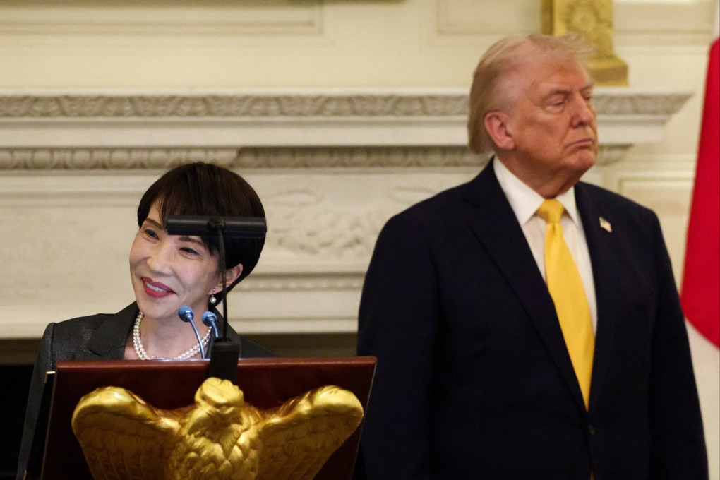 Japanese Prime Minister Sanae Takaichi (left) delivers remarks during a dinner hosted by US President Donald Trump at the White House on Thursday. Photo: Reuters