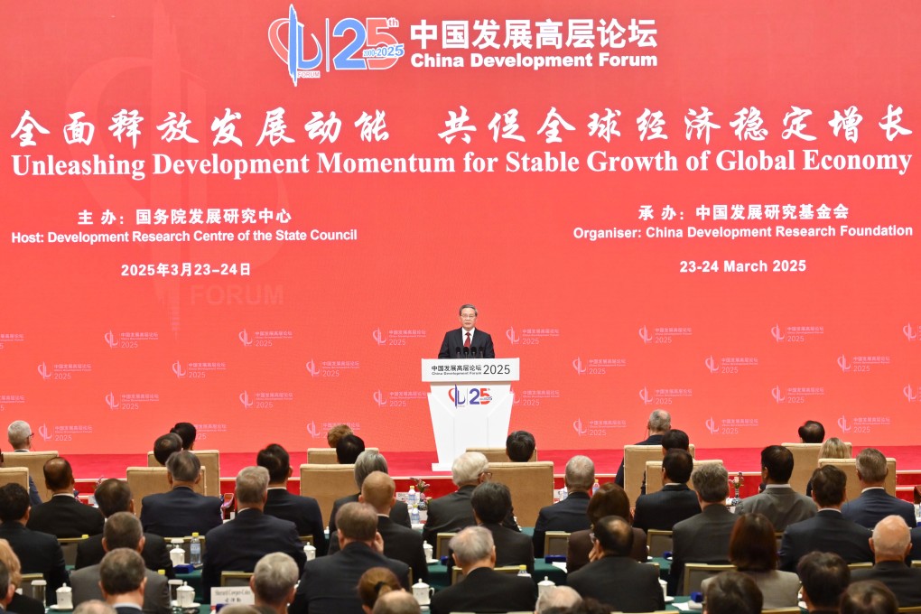 Chinese Premier Li Qiang delivers a keynote speech at the opening ceremony of the China Development Forum, in Beijing, on March 23, 2025. Photo: Xinhua