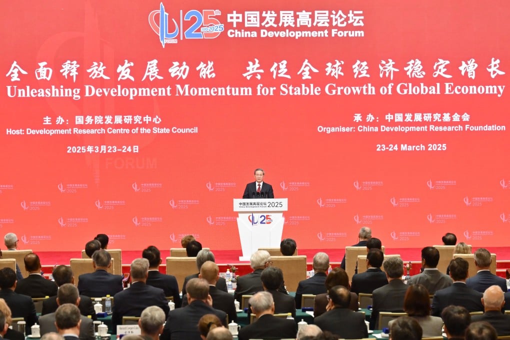 Chinese Premier Li Qiang delivers a keynote speech at the opening ceremony of the China Development Forum, in Beijing, on March 23, 2025. Photo: Xinhua