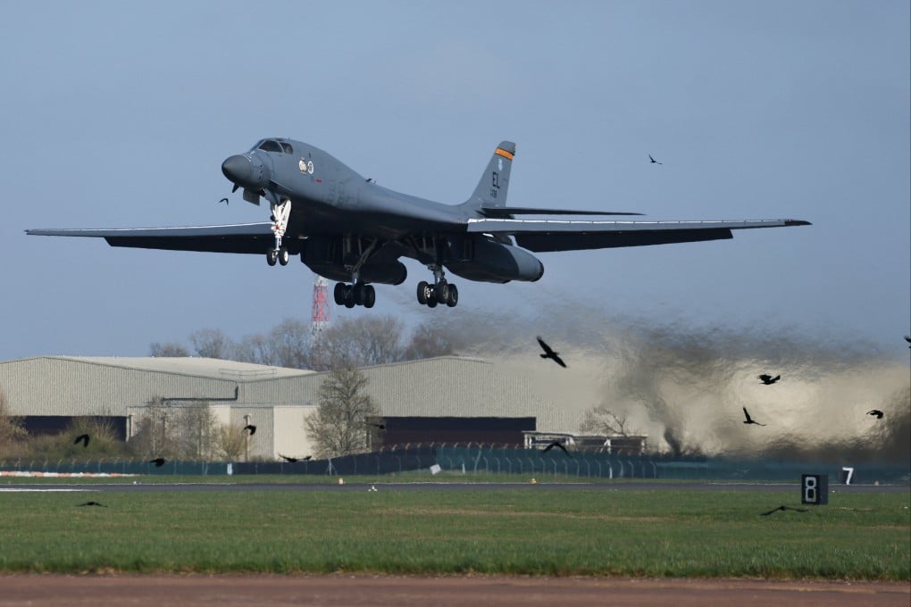 A USAF B-1 bomber takes off at RAF Fairford airbase in Gloucestershire, Britain, on Tuesday. Photo: Reuters