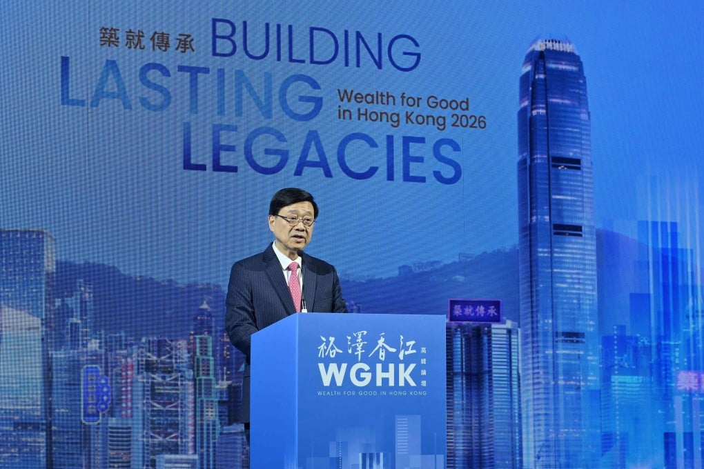 Chief Executive John Lee speaks at the principal dinner of the Wealth for Good in Hong Kong Summit on Monday evening. Photo: Handout
