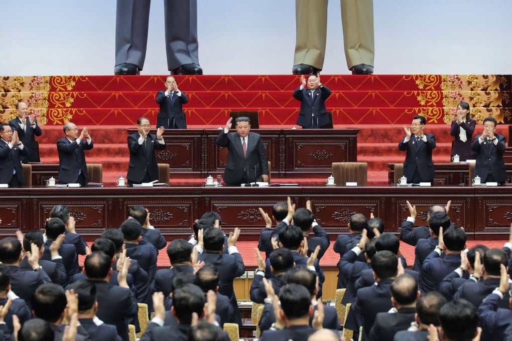 North Korean leader Kim Jong-un (centre) at the first session of the 15th Supreme People’s Assembly in Pyongyang, North Korea, on Sunday. Photo: KCNA/KNS/AFP