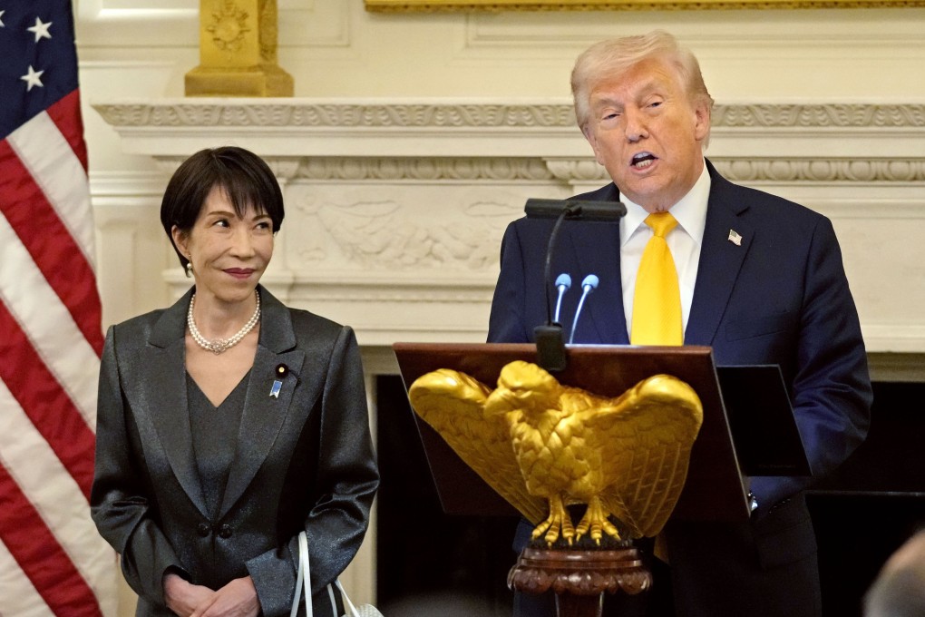 US President Donald Trump speaks alongside Japanese Prime Minister Sanae Takaichi at the White House in Washington on Thursday. Photo: Kyodo