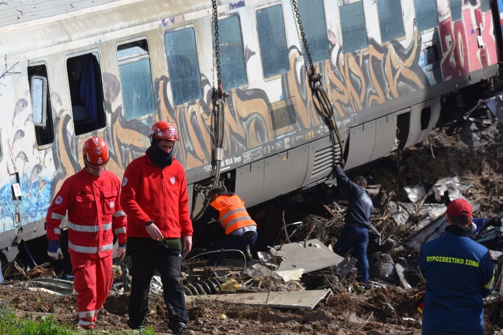 Firefighters and rescuers work in the aftermath of a fatal train collision in Greece in 2023. Photo: EPA