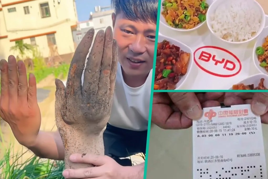In Guangdong, a man found a yam resembling a human hand with “fingernails”, a customer at a BYD dealership gained attention for enjoying 260 free meals over a year, and after a lifetime of playing, a Chinese man won 10 million yuan in the lottery. Photo: SCMP composite/QQ.com/Douyin/Sohu