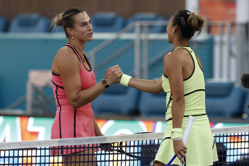 Aryna Sabalenka (left) comfortably beat “tough opponent” Zheng Qinwen (right) in one hour and 25 minutes at Hard Rock Stadium on Monday. Photo: Geoff Burke-Imagn Images