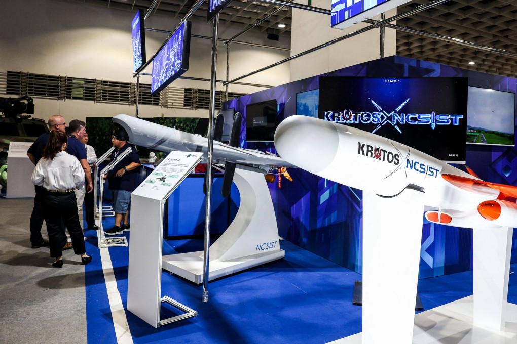 A Mighty Hornet IV high-speed attack drone, developed jointly by Taiwan’s National Chung-Shan Institute of Science and Technology and US-based Kratos Defence and Security Solutions, is displayed at the Taipei Aerospace and Defence Technology Exhibition on September 18, 2025. Photo: AFP
