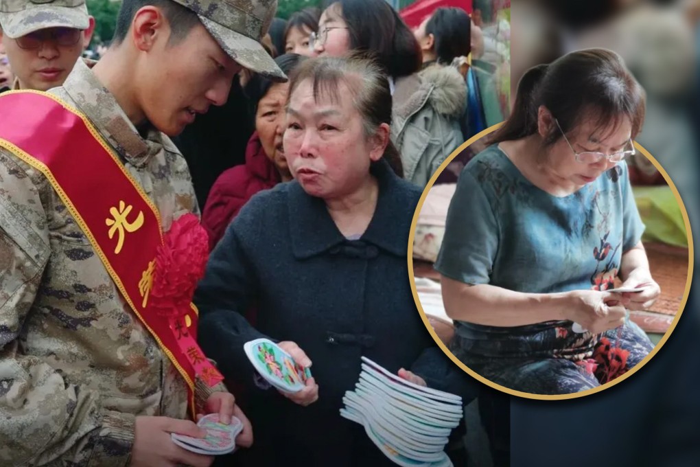Inspired by her son’s death at 19 while rescuing a comrade in 2005, a Chinese mother has hand-sewn over 1,000 shoe pads for soldiers for 20 years. Photo: SCMP composite/QQ.com
