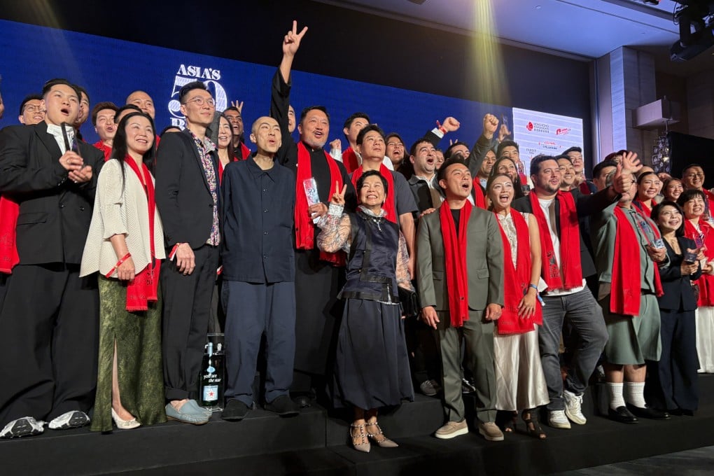 Representatives of the restaurants ranked by Asia’s 50 Best Restaurants in 2026 on stage at the presentation in Hong Kong’s Kerry Hotel on March 25. Hong Kong’s The Chairman was crowned the new No 1 while Wing took the No 2 spot. Photo: Charmaine Mok