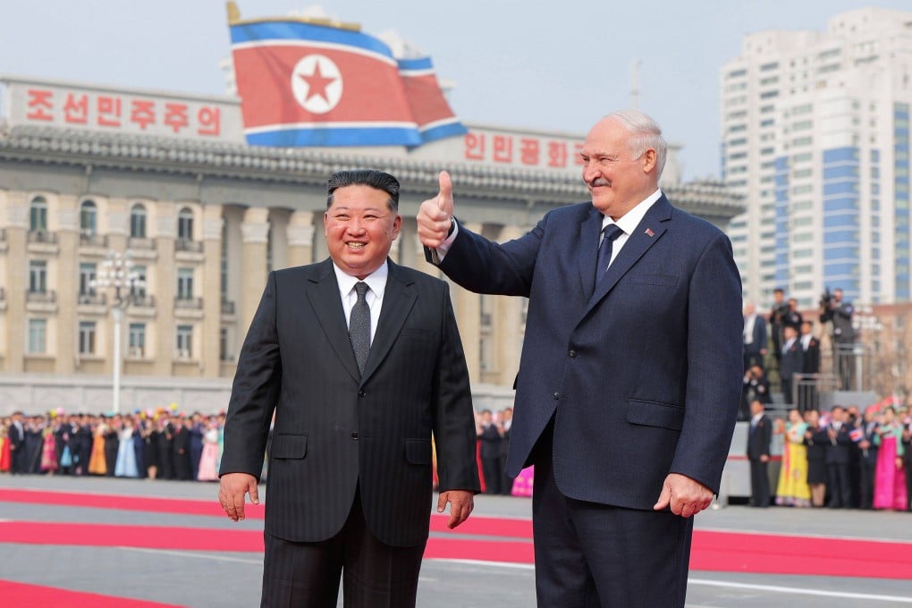 North Korean leader Kim Jong-un (left) and Belarusian President Alexander Lukashenko at Kim Il-sung Square in Pyongyang on Wednesday. Photo: KCNA/dpa
