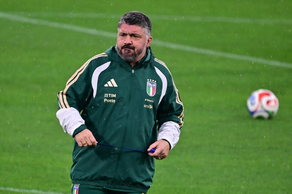 Italy’s head coach Gennaro Gattuso, who won the World Cup as a player in 2006, leads a training session at Bergamo Stadium as his team prepare to face Northern Ireland in a European playoff on Thursday. Photo: EPA