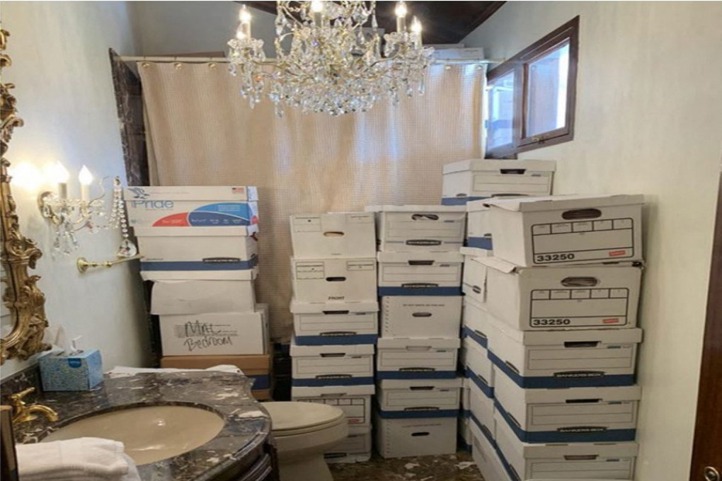 Stacks of boxes in a bathroom at Donald Trump’s Mar-a-Lago estate in 2022. File photo: US Justice Department