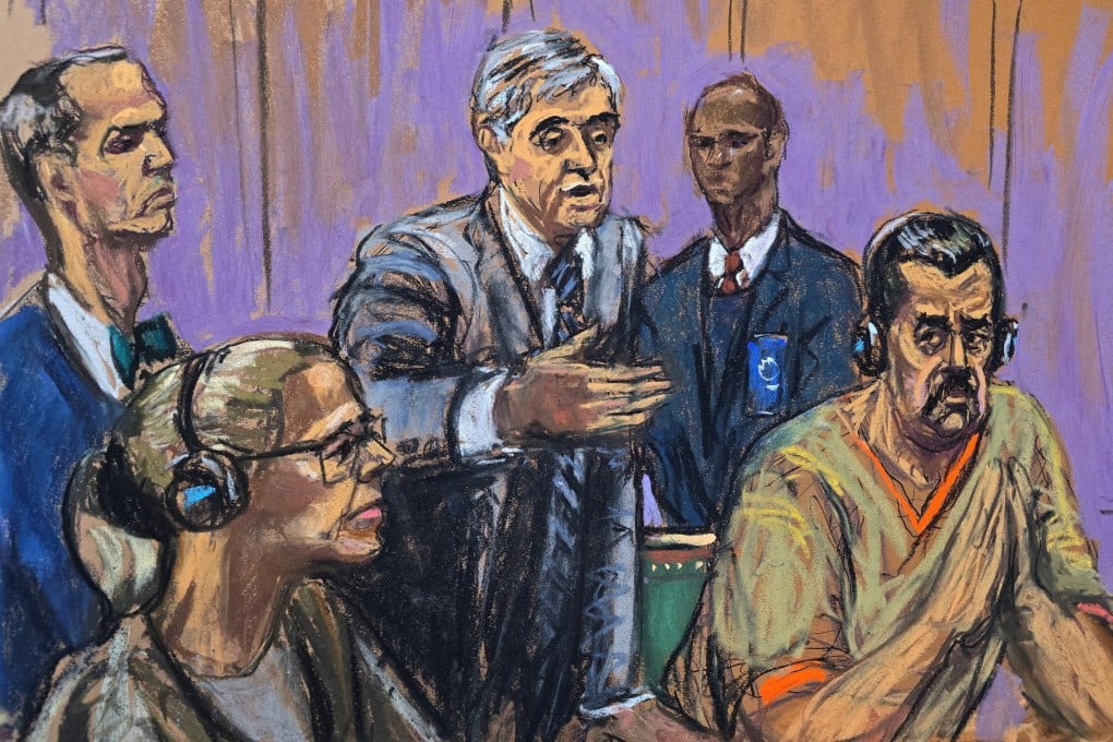 Ousted Venezuelan President Nicolas Maduro with his wife, Cilia Flores, Flores’ lawyer, Mark Donnelly, and Maduro’s lawyer, Barry Pollack, attend a hearing in New York on Thursday. Courtroom sketch: Jane Rosenberg via Reuters