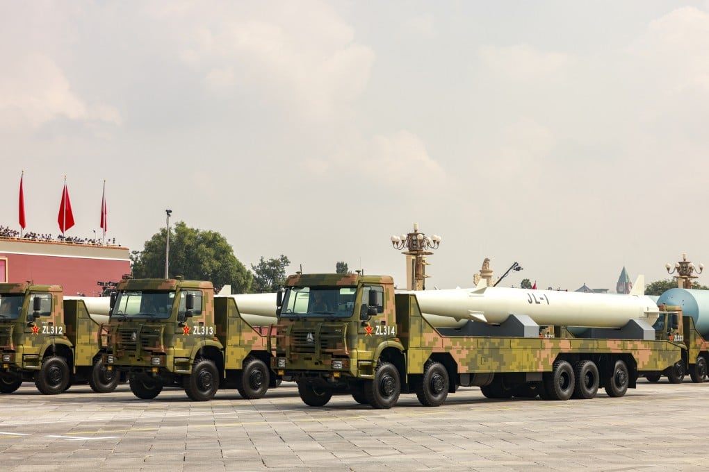 JL-1 air-launched ballistic missiles are featured in the nuclear missile formation during China’s Victory Day military parade, in Beijing on September 3, 2025. Photo: VCG via Getty Images