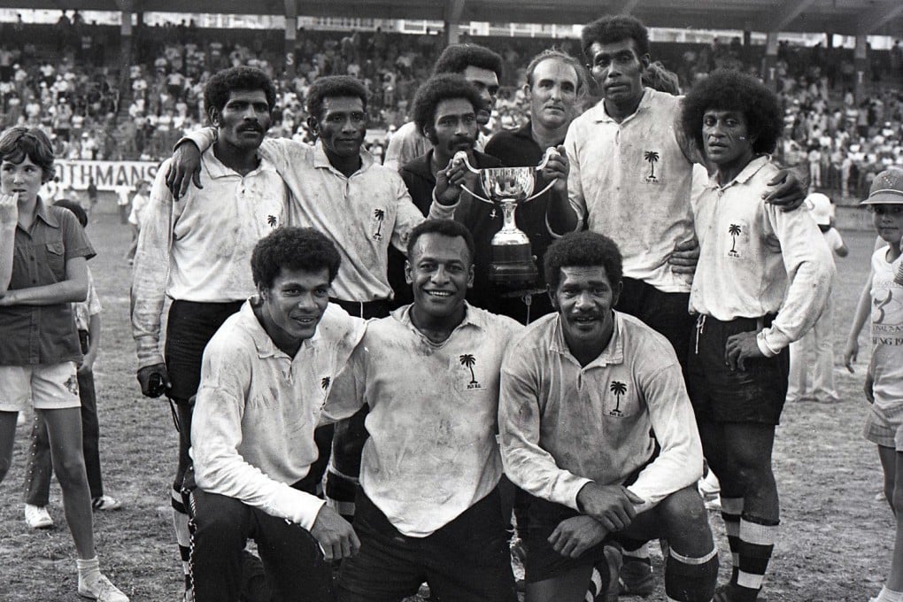 The Fiji team posing with their champions trophy at the Hong Kong Football Club in 1977. Photo: SCMP