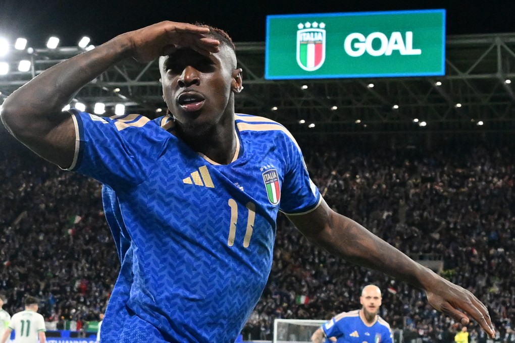 Moise Kean celebrates his goal for Italy as they beat Northern Ireland 2-0 to set up a meeting with Bosnia and Herzegovina for a place at the 2026 World Cup. Photo :Xinhua