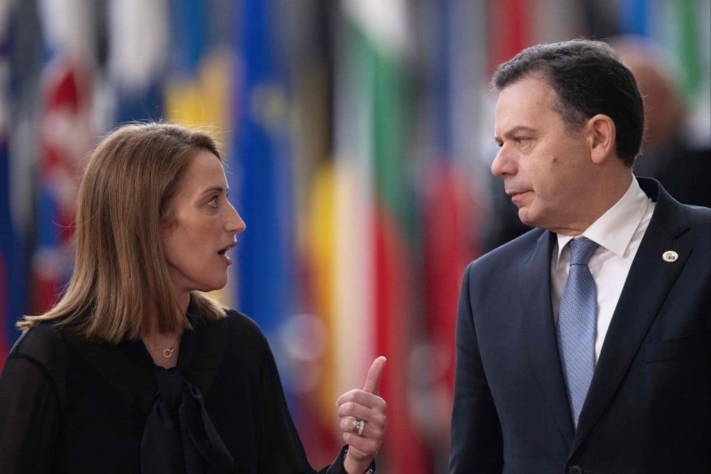 European Parliament President Roberta Metsola (left) and Portuguese Prime Minister Luis Montenegro arrive for a summit at the EU headquarters in Brussels, Belgium, on March 19. Photo: AFP