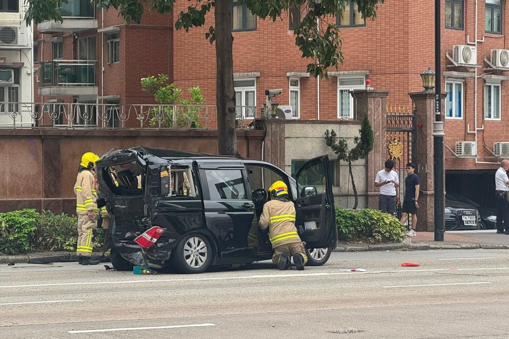 A car was one of the three vehicles involved in the collision after a van driver lost control on Prince Edward Road West towards Mong Kok. Photo: Facebook/pttthk