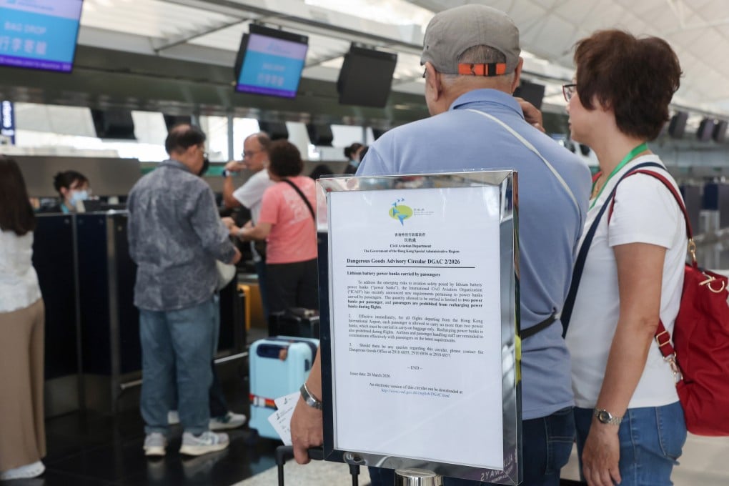 Few notices were seen at Hong Kong International Airport as a two–power bank limit for travellers took effect. Photo: Edmond So