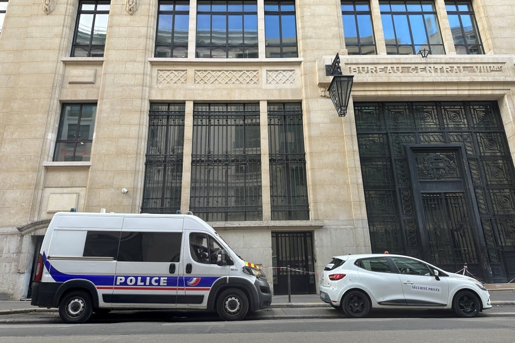 A police van outside the building housing Bank of America’s Paris offices, after French anti-terrorism prosecutors opened an investigation into a suspected attack on the premises, on Saturday. Photo: Reuters