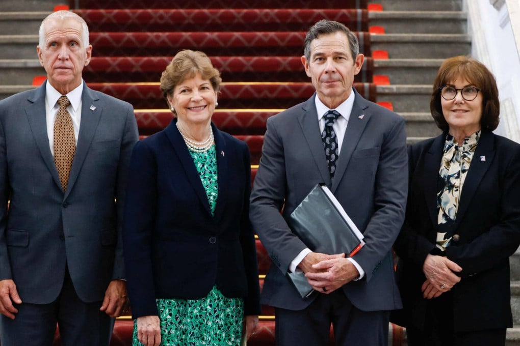 Members of a bipartisan delegation of US senators, including (from left) Thom Tillis, Jeanne Shaheen, John Curtis and Jacky Rosen, attend a press conference in Taipei, Taiwan on Monday. Photo: Reuters