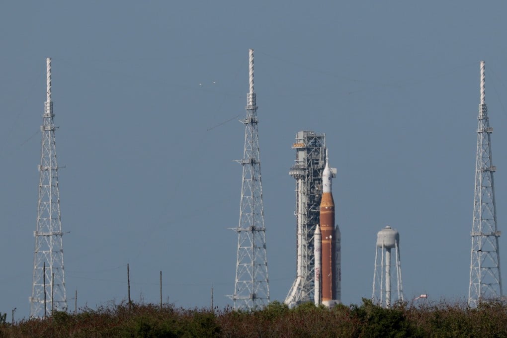 Nasa’s Artemis II Space Launch System rocket and Orion spacecraft sit on Launch Pad 39B at the Kennedy Space Centre in Cape Canaveral, Florida. Photo: Getty Images / TNS