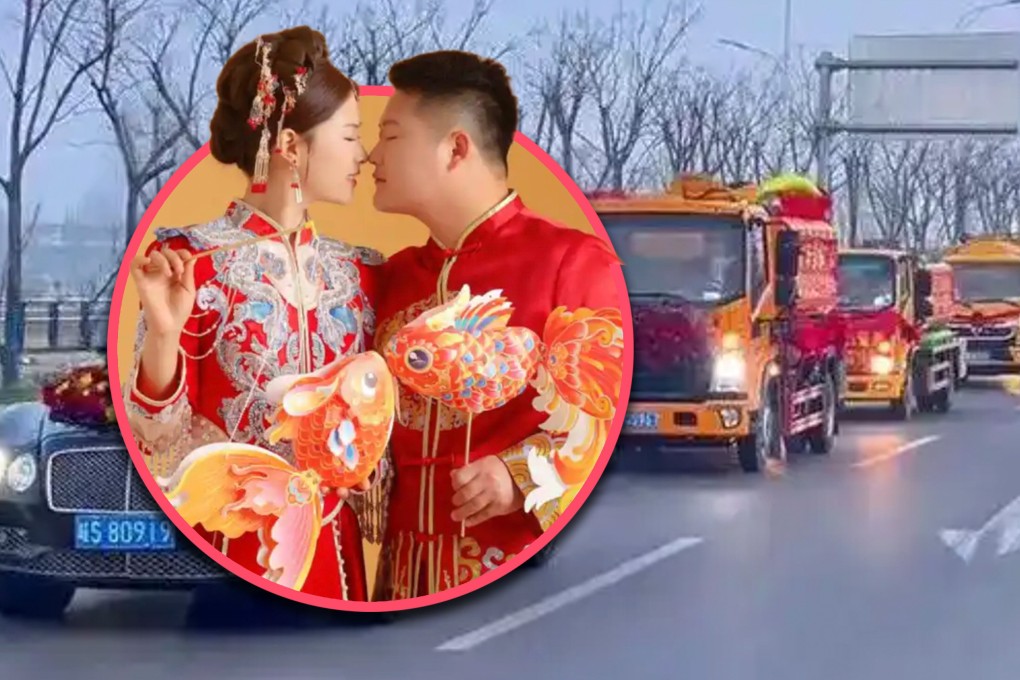 A man in China celebrated his big day by organising a convoy of septic tank trucks as wedding cars. He was supported by peers from his family’s sewage removal business. Photo: SCMP composite/Douyin