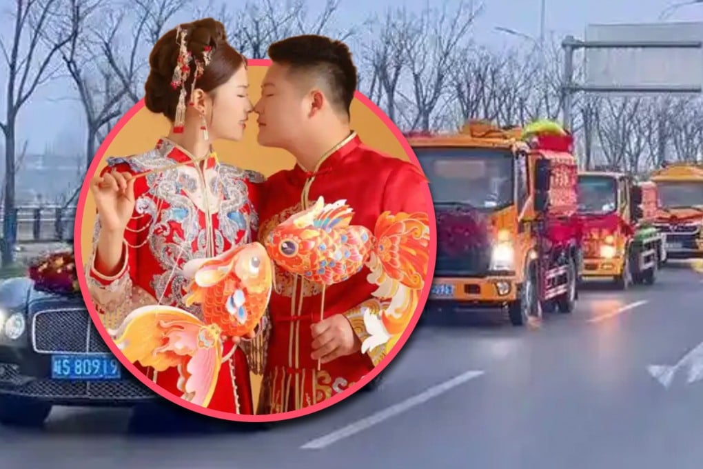 A man in China celebrated his big day by organising a convoy of septic tank trucks as wedding cars. He was supported by peers from his family’s sewage removal business. Photo: SCMP composite/Douyin