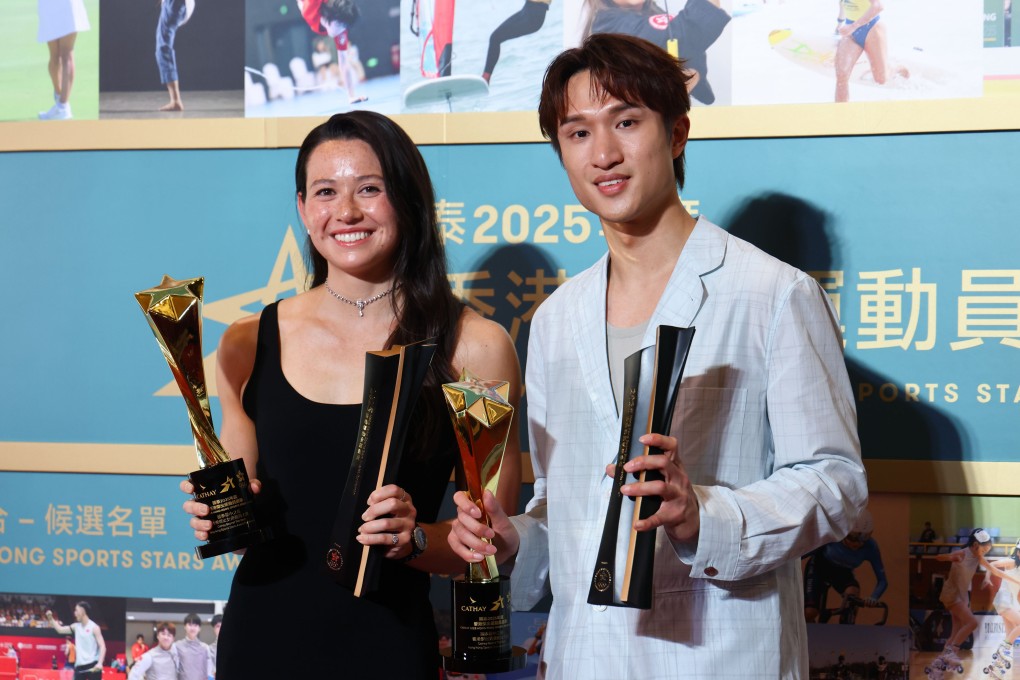 Swimmer Siobhan Haughey (left) and fencer Ryan Choi with their “best of the best” trophies at the Cathay 2025 Hong Kong Sports Stars Awards ceremony at the Convention and Exhibition Centre on Tuesday. Photo: Dickson Lee