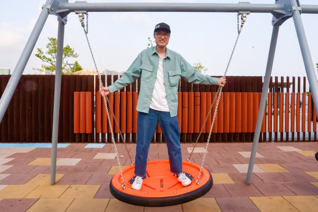 Mr Swing, whose reviews of Hong Kong’s swing sets have seen him accumulate more than 11,000 followers across Instagram, YouTube and Facebook, sits on a swing at Hoi Sham Park at To Kwa Wan on March 24, 2026. Photo: Jonathan Wong