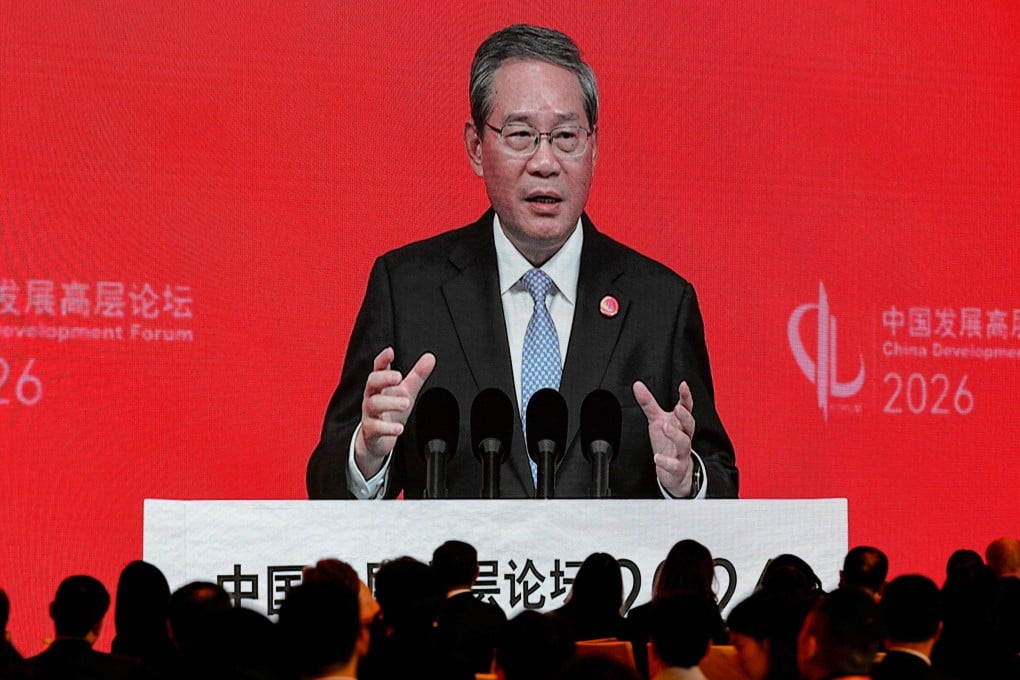 Chinese Premier Li Qiang is displayed on a large screen live broadcasting his speech at the opening of the China Development Forum held at the Diaoyutai State Guesthouse in Beijing on March 22. Photo: AP