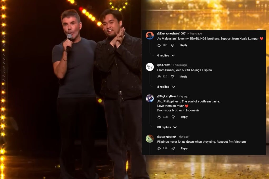 Left: ‘Britain’s Got Talent’ judge Simon Cowell stands next to Filipino singer Matty Juniosa after awarding Juniosa the coveted Golden Buzzer for his performance on Sunday’s episode of the talent competition. Right: Youtube comments on the video mentioning SEAbling, which is shorthand for “Southeast Asian siblings”. Photo: YouTube / Britain’s Got Talent