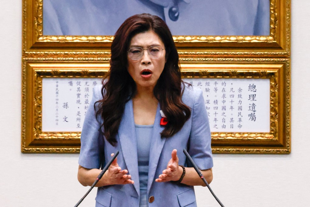 Kuomintang chairperson Cheng Li-wun speaks to the media in Taipei on March 30, ahead of her trip to mainland China. Photo: Reuters