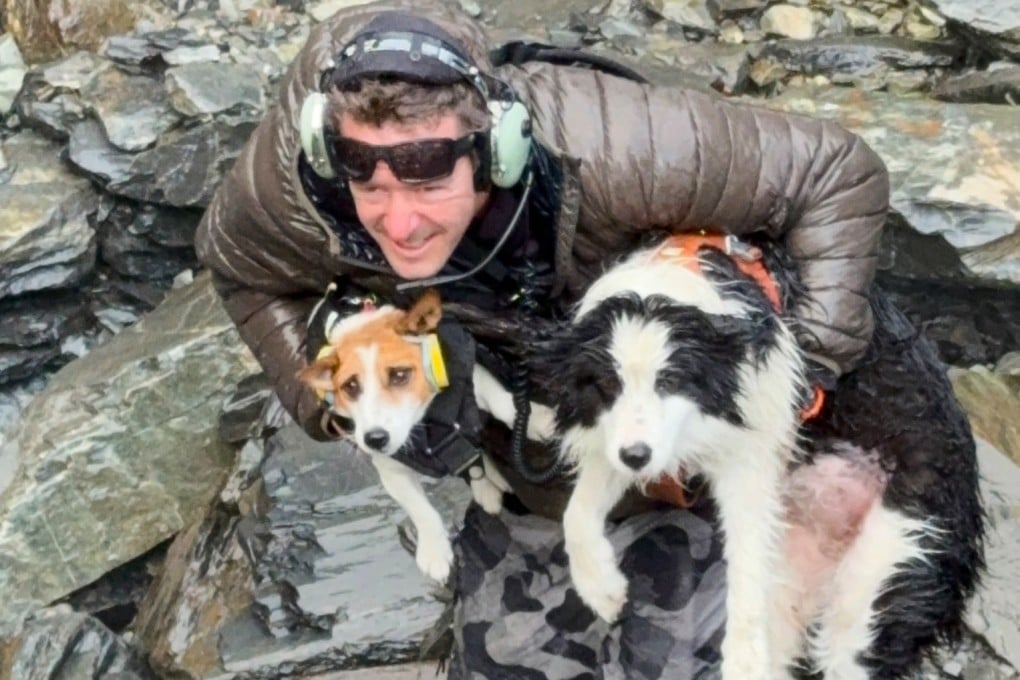 A volunteer holds Molly (right) and Bingo at a waterfall on the Arahura River on the West Coast of the South Island of New Zealand on Tuesday. Photo: Precision Helicopters/AP