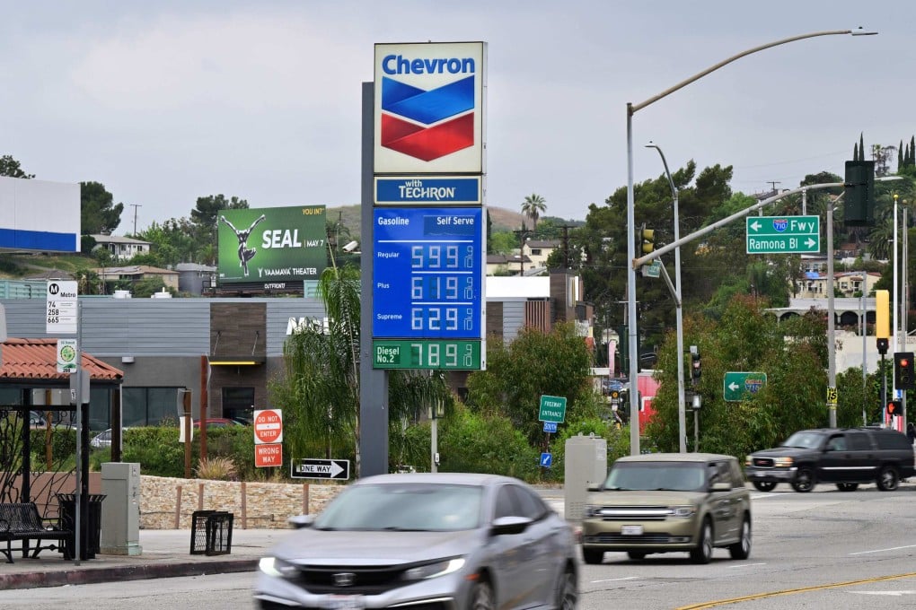 Petrol prices are displayed at a Chevron station in Los Angeles, California, on Tuesday. Photo: AFP