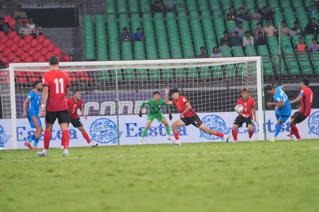 Hong Kong’s starting lineup against India (in blue) featured only four of the players that started  their previous match, a 2-1 loss to Singapore. Photo: HKFA