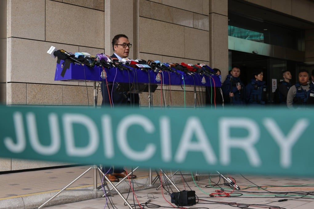 Chief Superintendent of the Hong Kong police for national security Steve Li Kwai-wah speaks to media at the West Kowloon Magistrates’ Courts in Hong Kong on February 9 after Jimmy Lai Chee-ying was sentenced to 20 years in jail. Photo: EPA