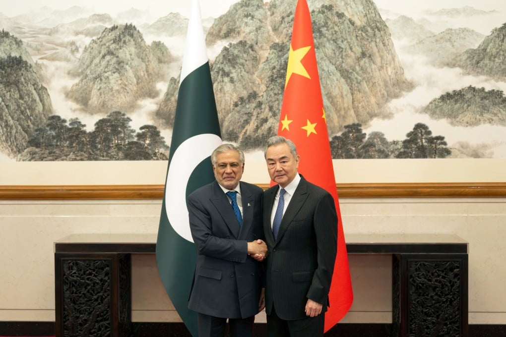 Chinese Foreign Minister Wang Yi meets Pakistani Deputy Prime Minister and Foreign Minister Ishaq Dar in Beijing on Tuesday. Photo: AP