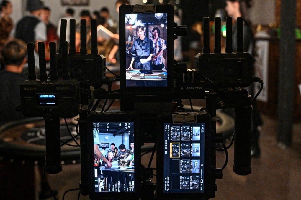 Monitor screens are seen during the filming of a micro drama in Shanghai, China. The format, shot in 9:16 aspect ratio for viewing on phones, is surging in popularity as studios in China and the US churn out productions in days and at a fraction of the cost of their major-studio counterparts. Photo: AFP